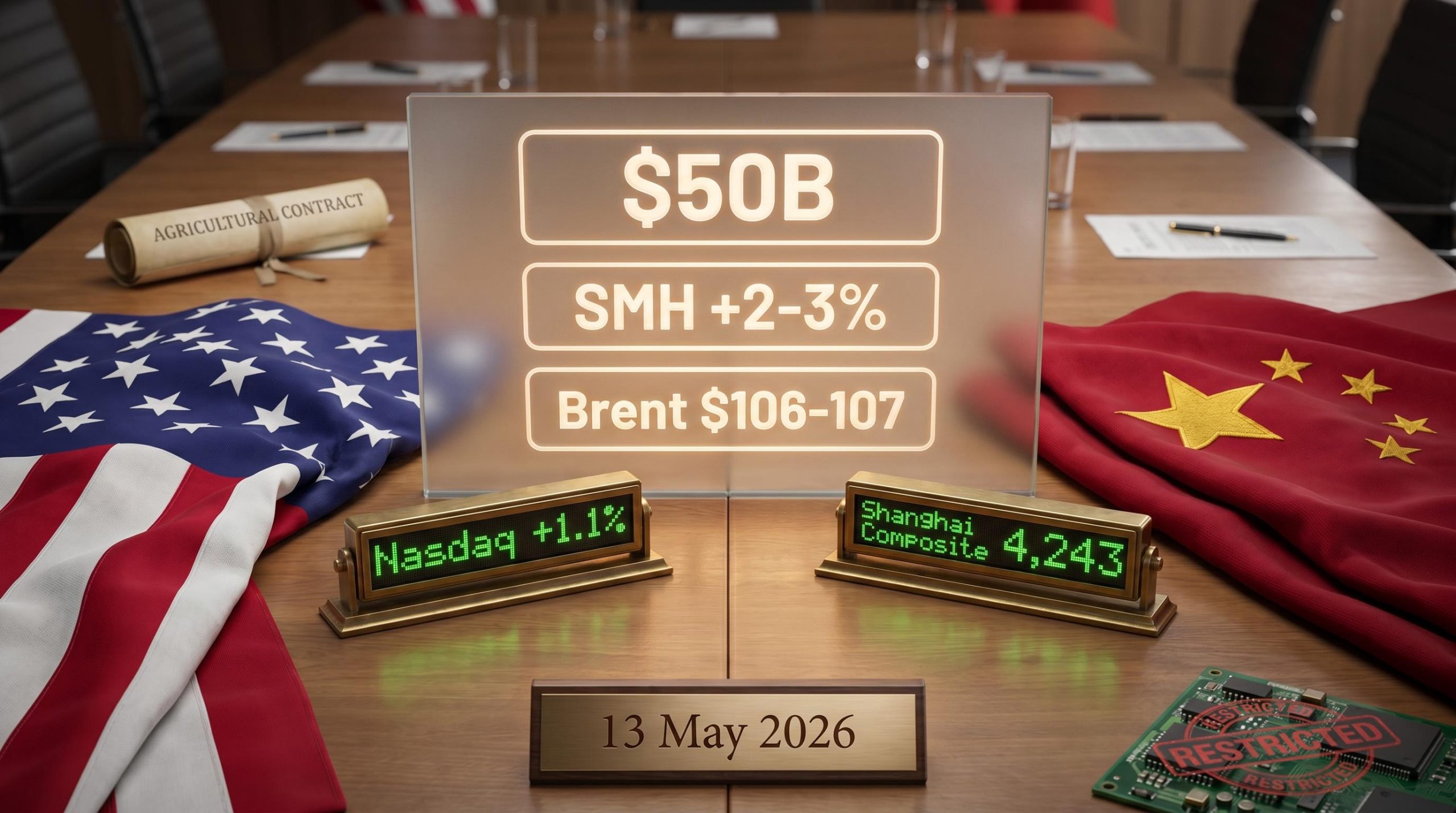 Trump Xi summit table split by US and China flags with trade, AI chip, and oil price data etched in glass