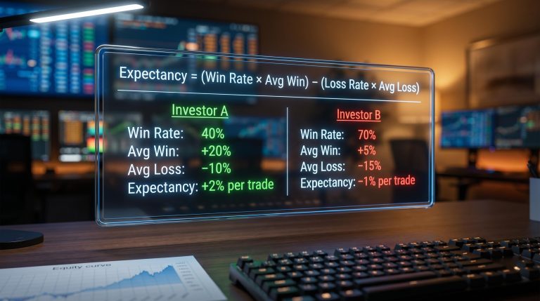 Trading expectancy formula panel showing Investor A 2% vs Investor B −1% per trade above a professional trading desk