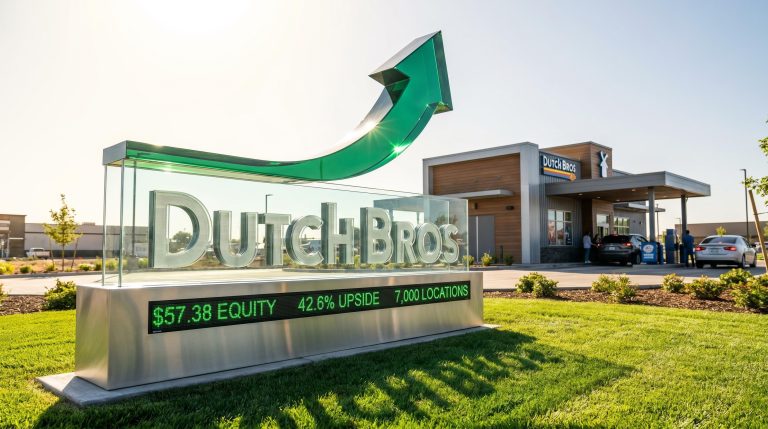 Dutch Bros stock price and 42.6 percent upside displayed on an architectural glass sign with an upward trending green arrow.