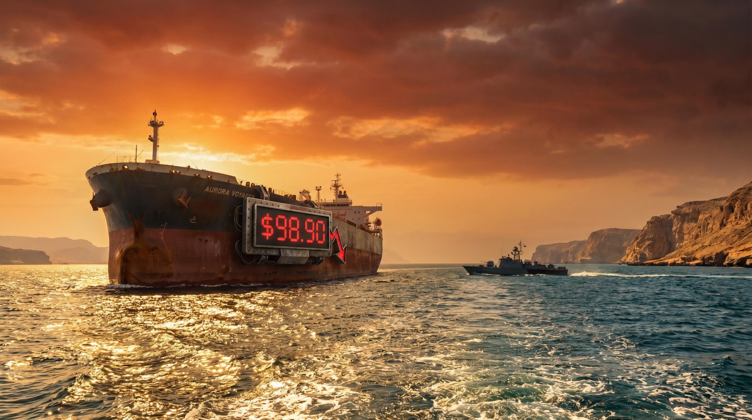 Supertanker crossing Strait of Hormuz with "$98.90" price display as crude oil prices fall 4.48%