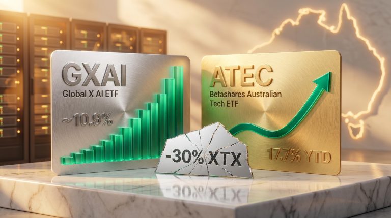 GXAI and ATEC ETF cards on marble showing 17.7% and ~10.9% YTD returns amid ASX tech's 30% selloff