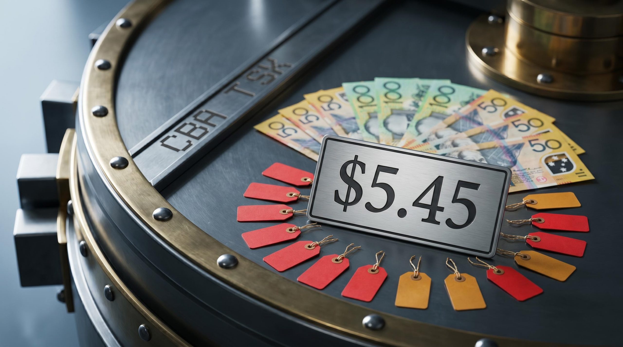 CBA dividend forecast $5.45 per share alongside 14 sell analyst ratings rendered on a vault surface