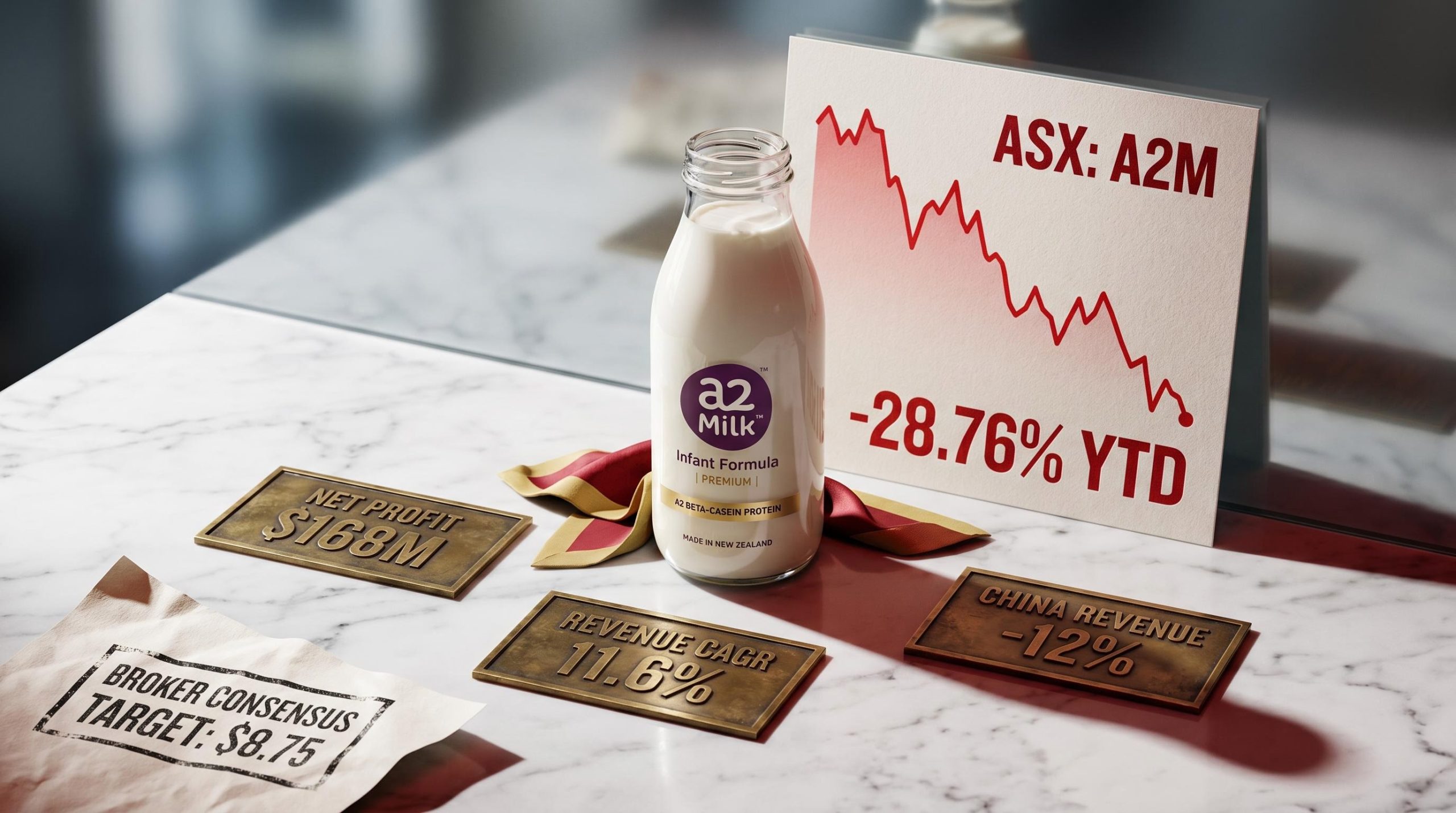 A2 Milk formula bottle with $168M profit and -28.76% YTD share decline plaques in editorial still-life