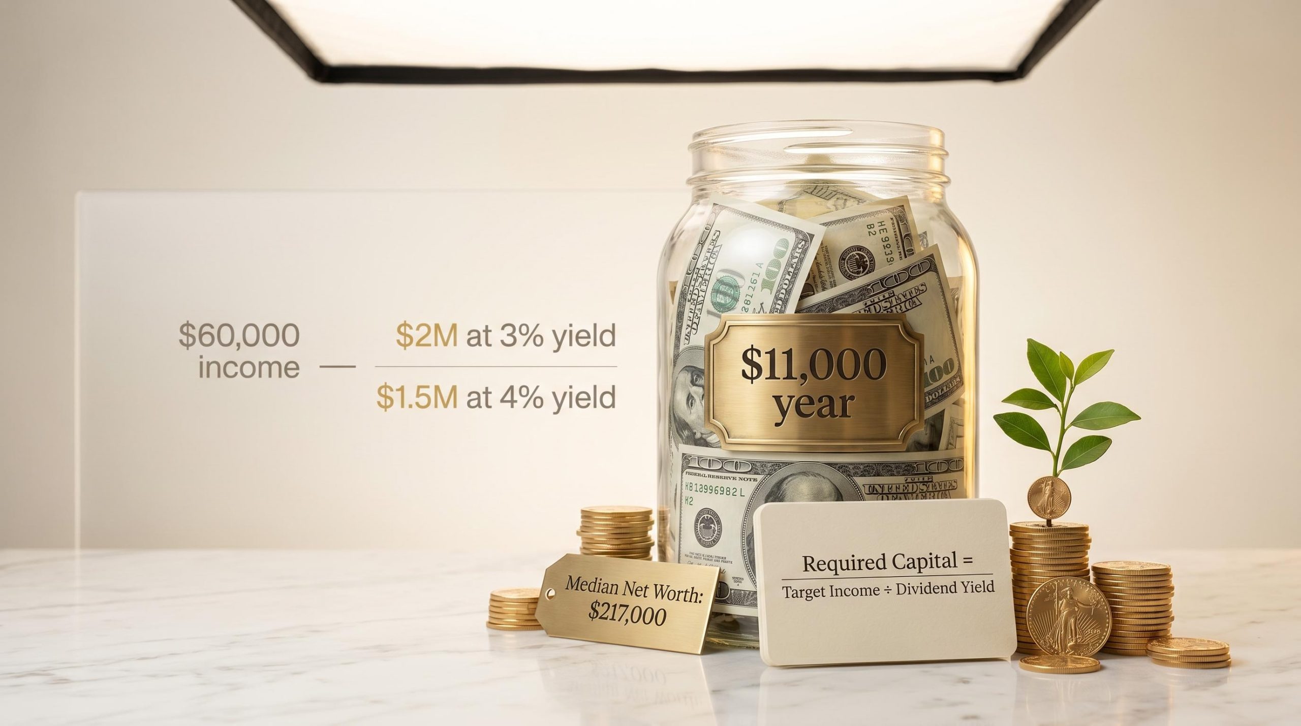 Glass jar labelled "$11,000/year" beside capital requirement figures showing the math to live off dividends