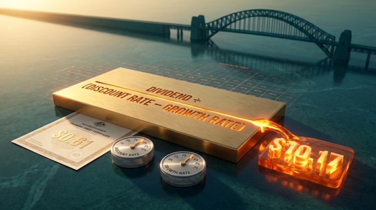 DDM formula etched in brass with franking credit figures, illustrating how to value ASX bank shares