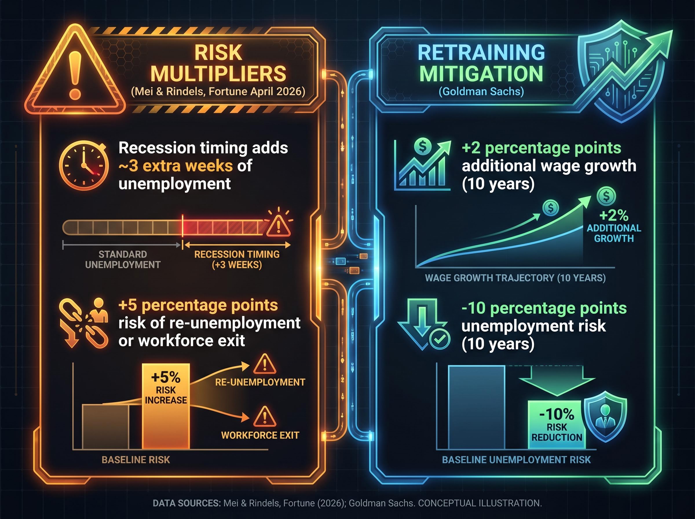 Displacement Outcomes: Risk Multipliers vs. Retraining Mitigations
