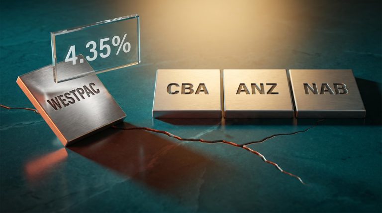 Four Australian bank share tiles diverge on stone surface as RBA holds cash rate at 4.35% in hawkish pause