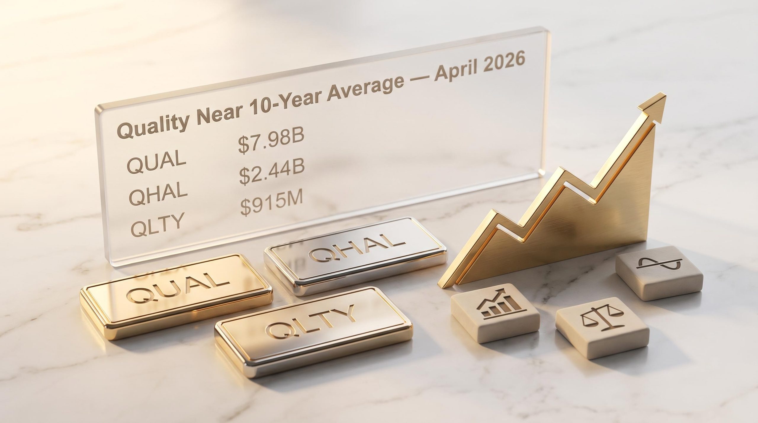 QUAL, QHAL, QLTY ETF plaques with quality investing valuations near 10-year average as of April 2026