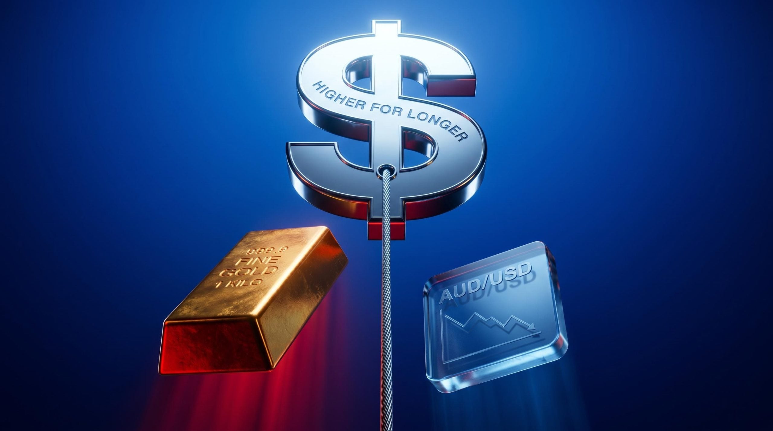 Gold bar and AUD/USD pulled down by US dollar strength — showing compounding loss risk for Australian investors