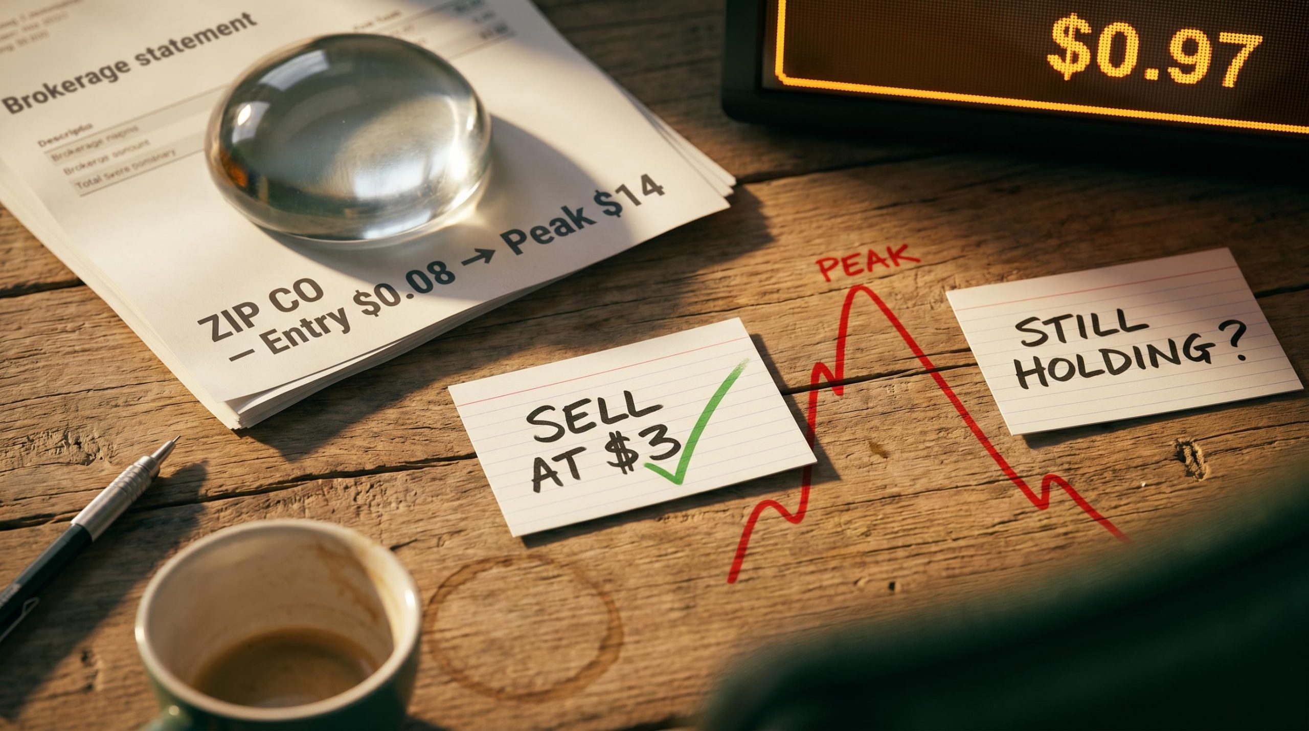 Zip Co brokerage statement and handwritten sell rule on timber desk — small cap selling strategy dissected