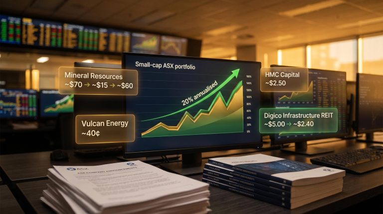 ASX small-cap investing research desk with 20% annualised return chart and verbatim position data on glowing screens