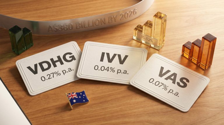 Three ASX ETF cards — VDHG, IVV, VAS — with fees and returns on a timber surface for beginner investors