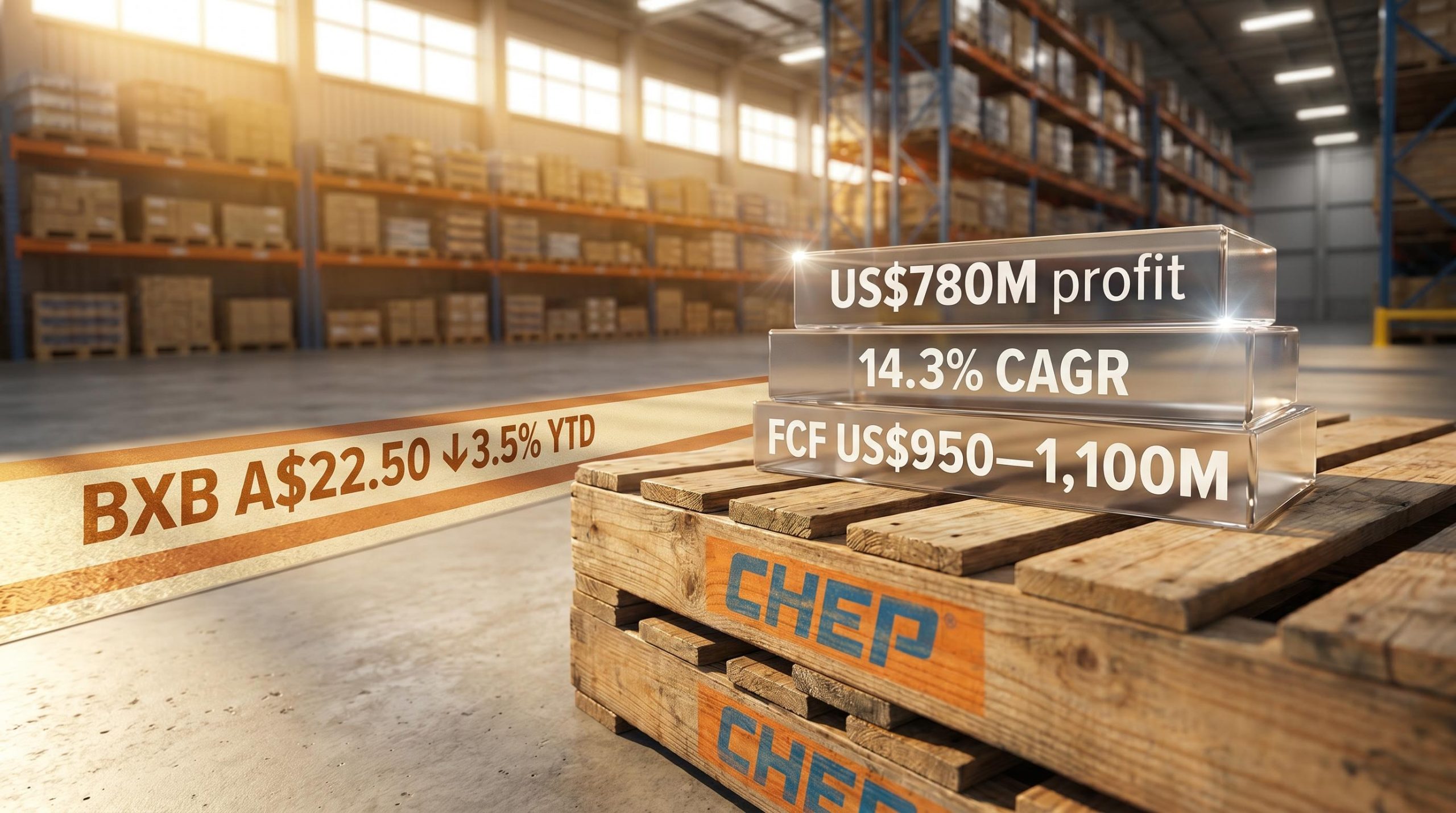 CHEP-branded pallet displaying BXB profit metrics US$780M and 14.3% CAGR amid warehouse backdrop