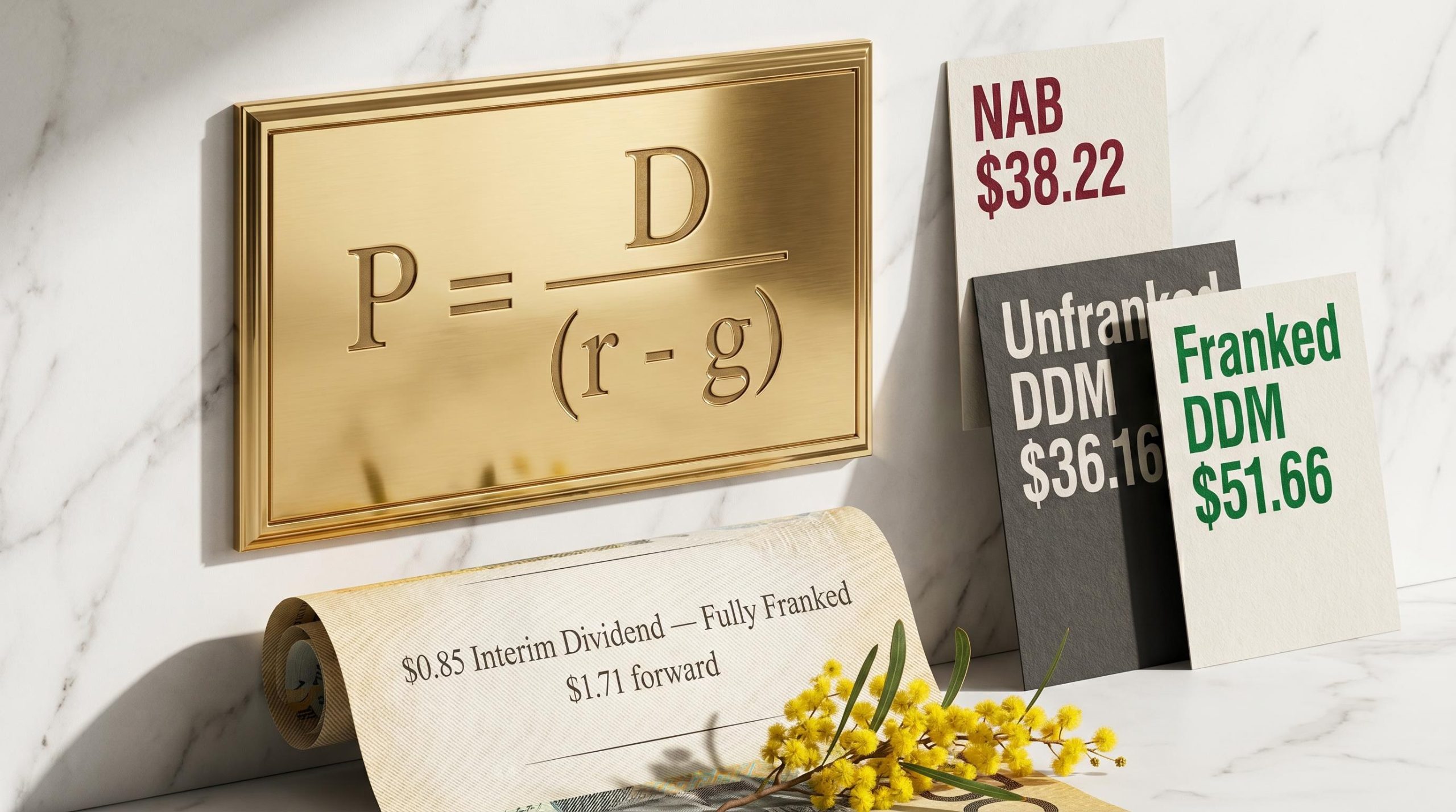 NAB share valuation DDM plaque showing $38.22 price vs franked fair value $51.66 on marble surface