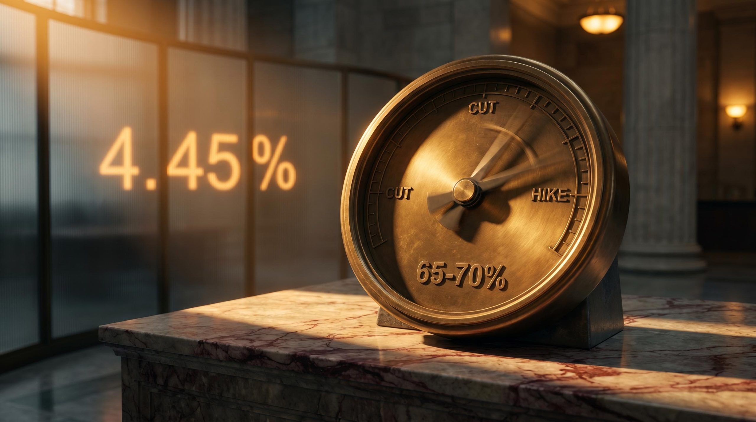 Fed policy dial mid-swing between cut and hike, with 65-70% hike probability and 4.45% Treasury yield displayed