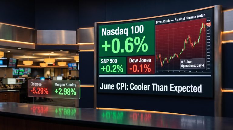 Nasdaq 100 0.6% on trading terminal as June CPI cools and U.S.-Iran Day 4 strikes threaten crude oil