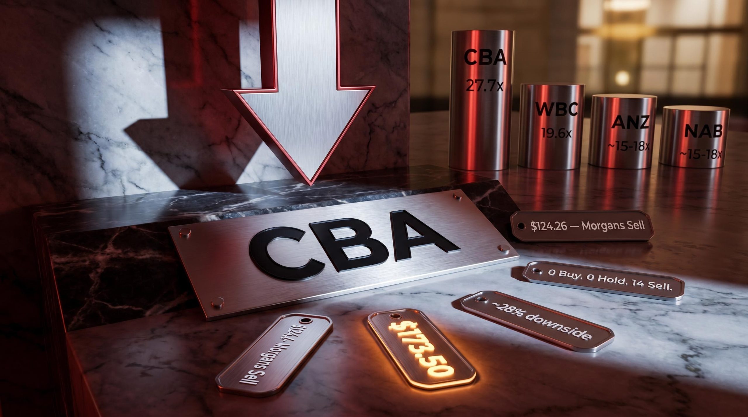 CBA stock ticker plaque at $173.50 alongside Morgans Sell target of $124.26 and 14 analyst sell ratings