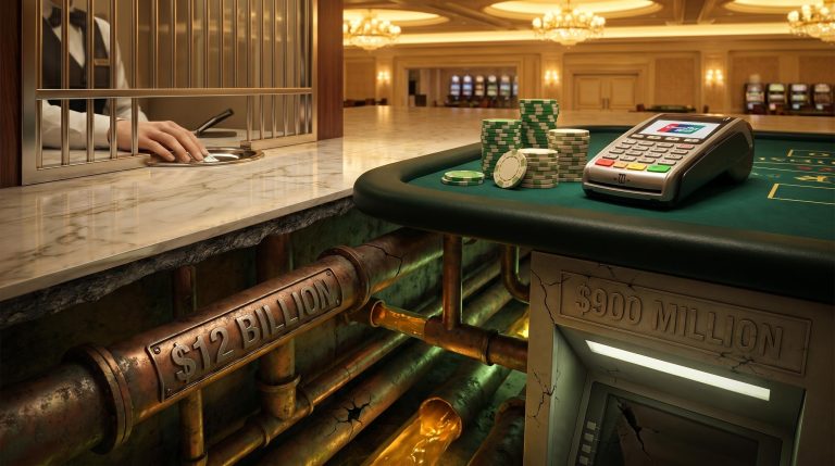 Star Entertainment casino floor cross-section exposing shadow money flows beneath, illustrating AML scandal scale