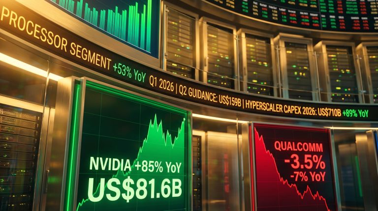 Split data display showing Nvidia 85% vs Qualcomm -3.5% amid US$710B hyperscaler AI capex wave in Q1 2026
