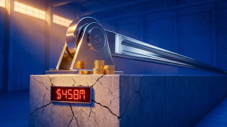 Oversized steel lever dwarfing a coin stack with $458M loss figure — CFD trading Australia leverage risk