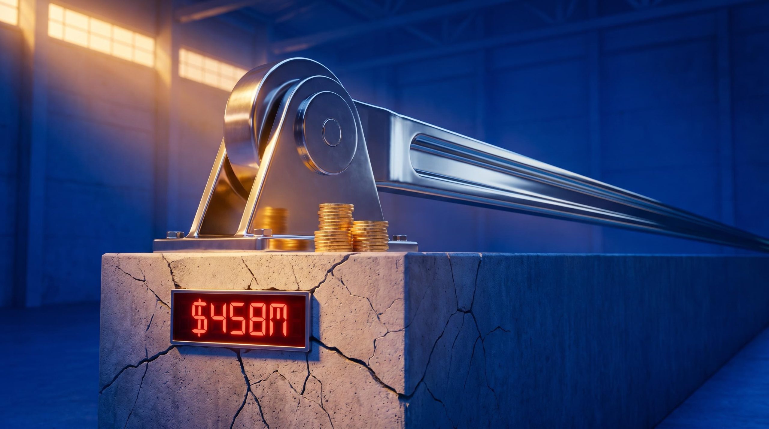 Oversized steel lever dwarfing a coin stack with $458M loss figure — CFD trading Australia leverage risk