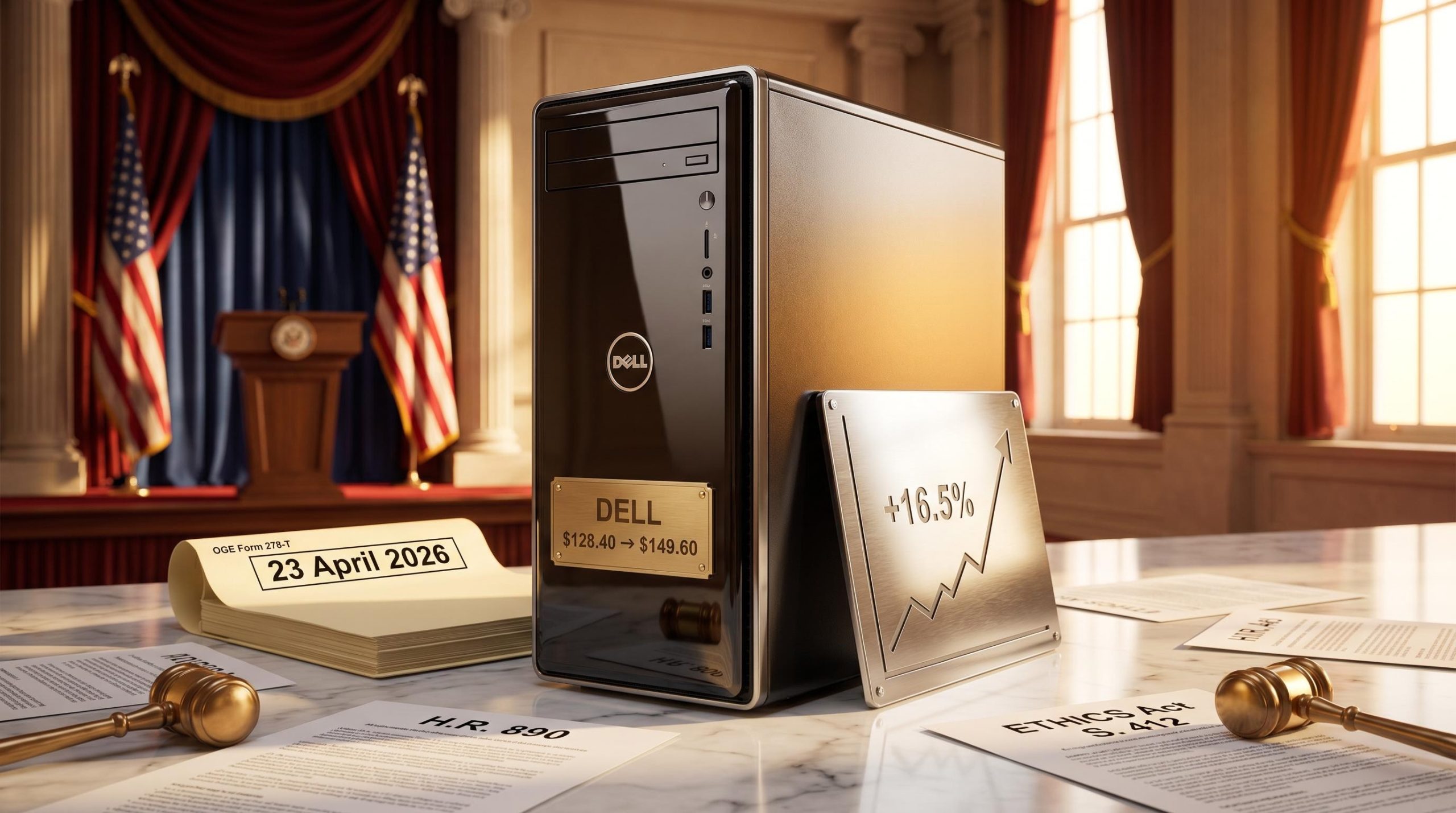 Dell tower with engraved DELL price surge 16.5% and OGE Form 278-T dated 23 April 2026, Trump stock trades controversy
