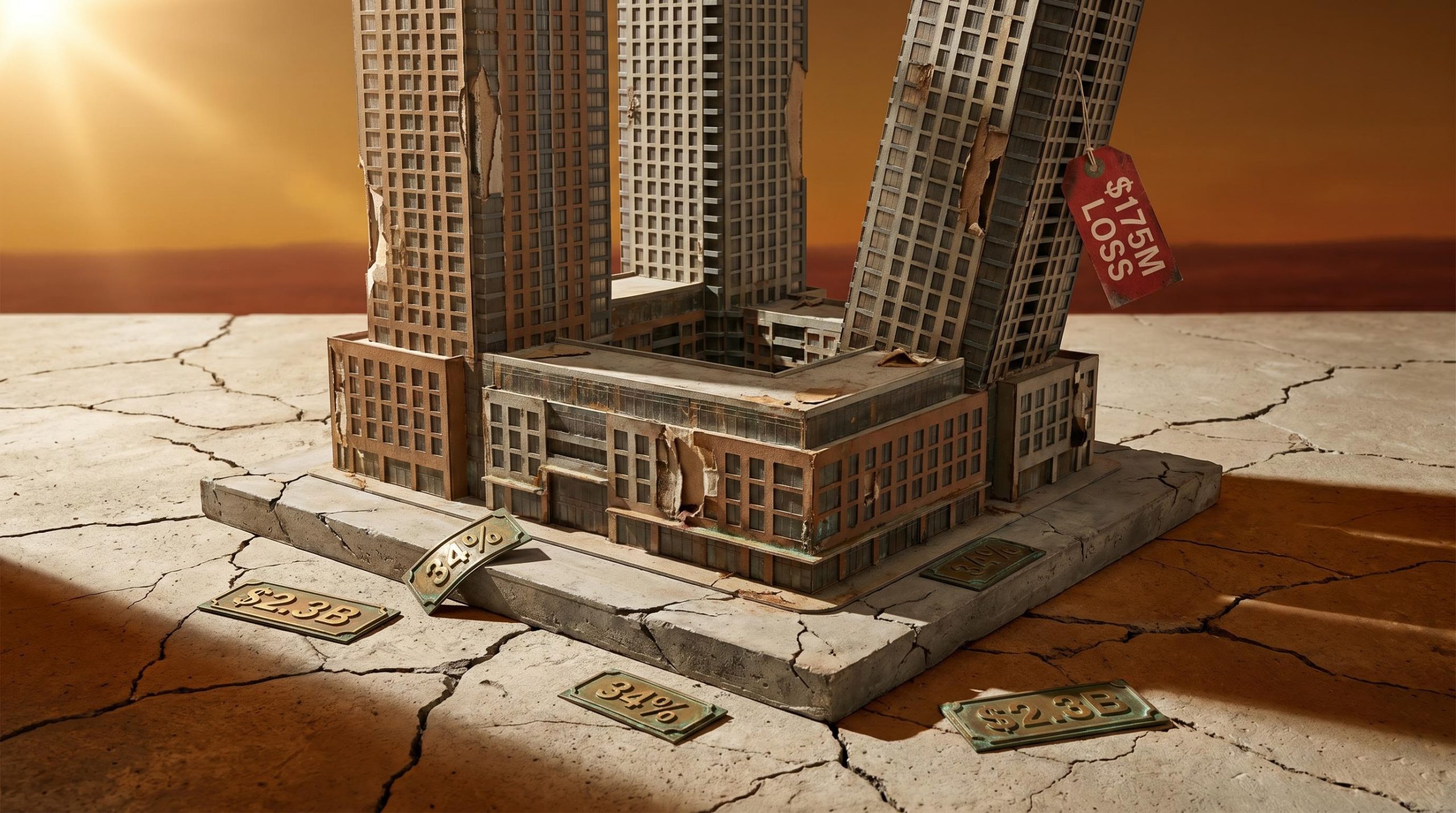 Deteriorating architectural model with "$175M LOSS" tag and cracked base, visualising Lendlease share price balance sheet stress