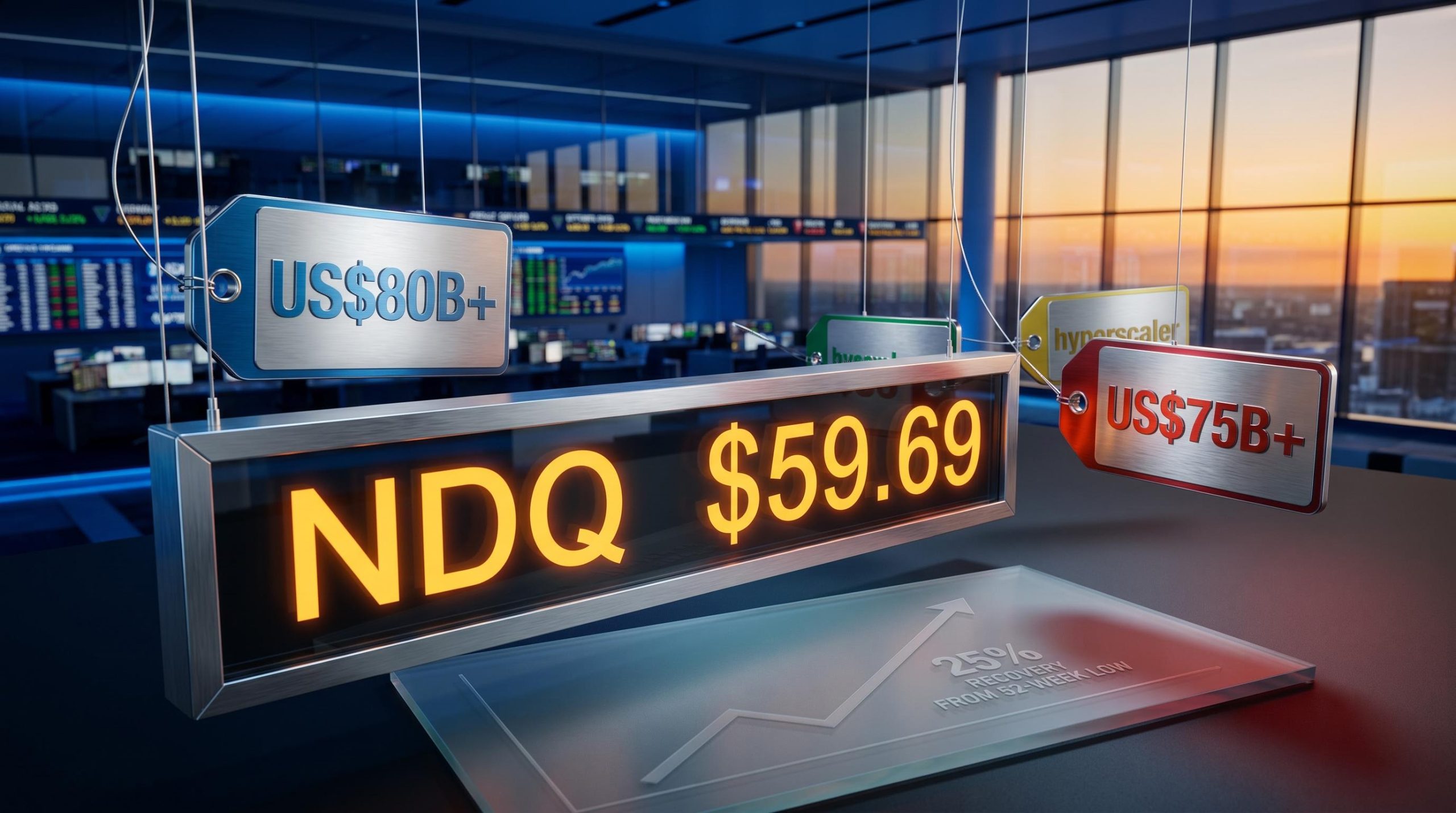 NDQ ticker panel displaying $59.69 with AI capex price tags, visualising BetaShares Nasdaq 100 ETF valuation tension
