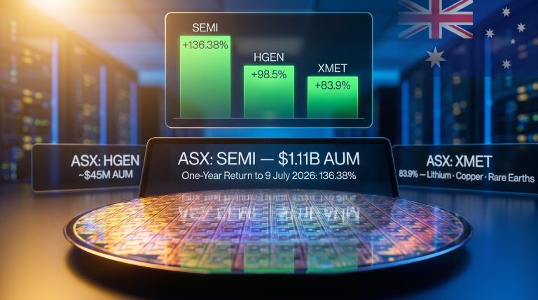 ASX sector ETFs SEMI HGEN XMET returning 136.38% to 83.9% displayed on data panels over semiconductor wafer