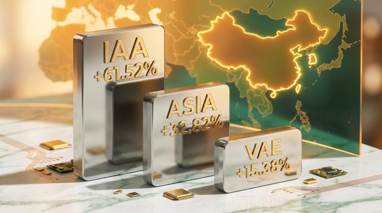 Three chrome plaques showing IAA 61.52%, ASIA 32.82%, VAE 15.38% returns for ASX Asia ETFs on marble