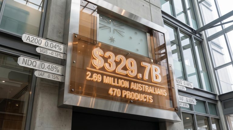 ASX ETF market scoreboard showing $329.7B AUM and 2.69 million Australian investors with key ticker codes