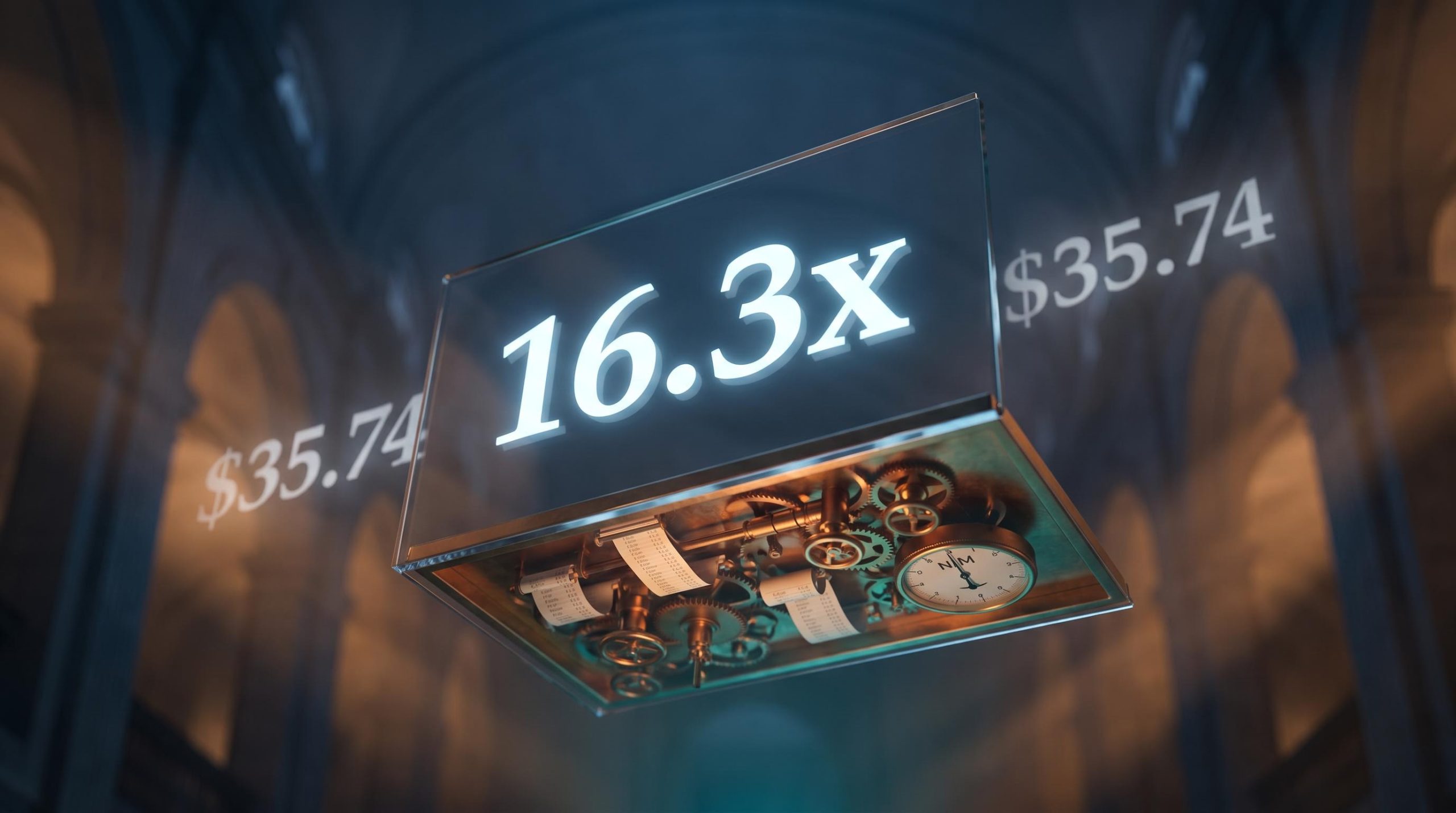 Glass panel showing "16.3x" PE ratio with churning mechanical complexity beneath — how to value bank stocks