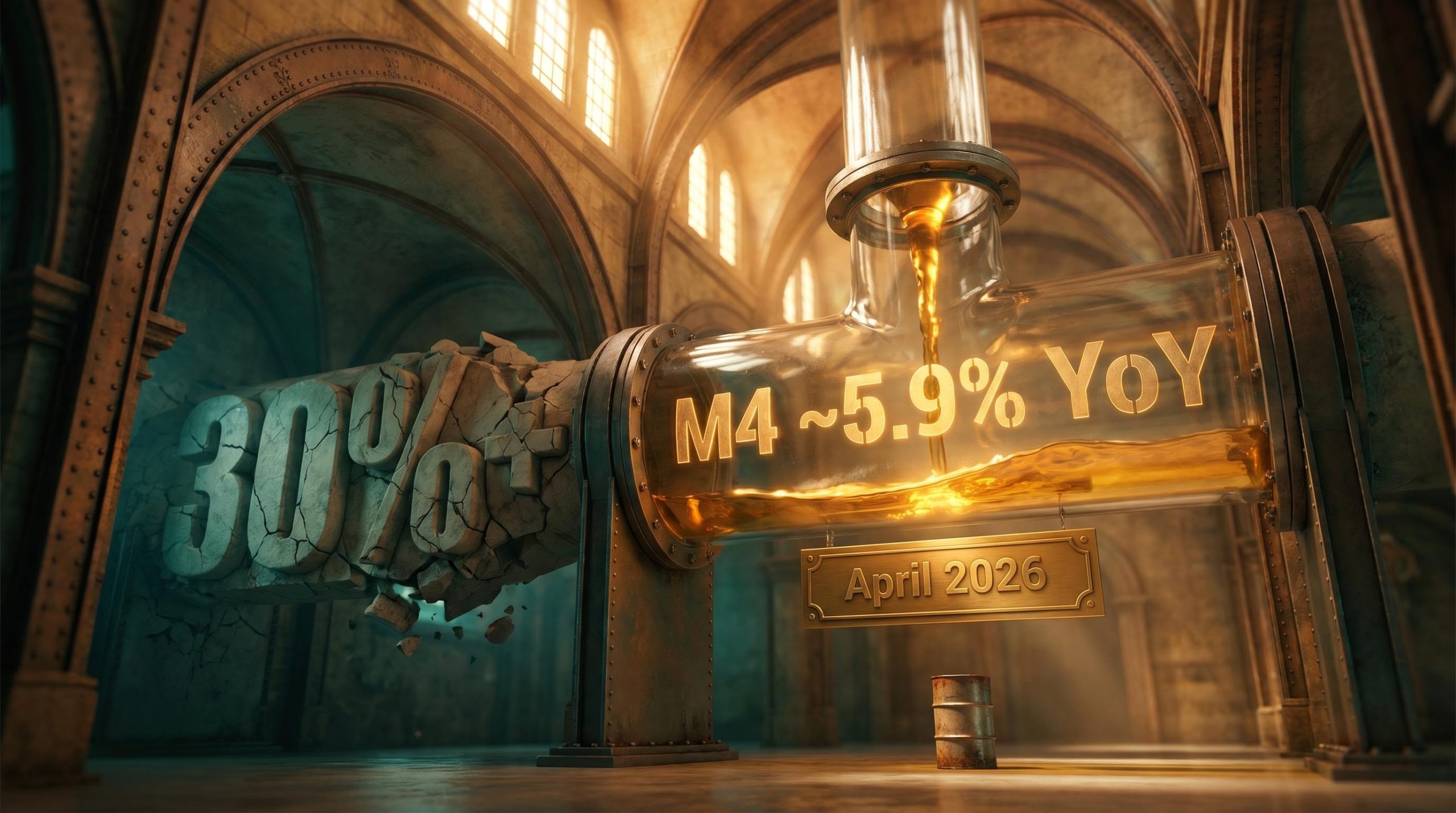 Glass pipe carrying controlled M4 money supply flow labelled 5.9% YoY inside a vault, dwarfing an oil barrel