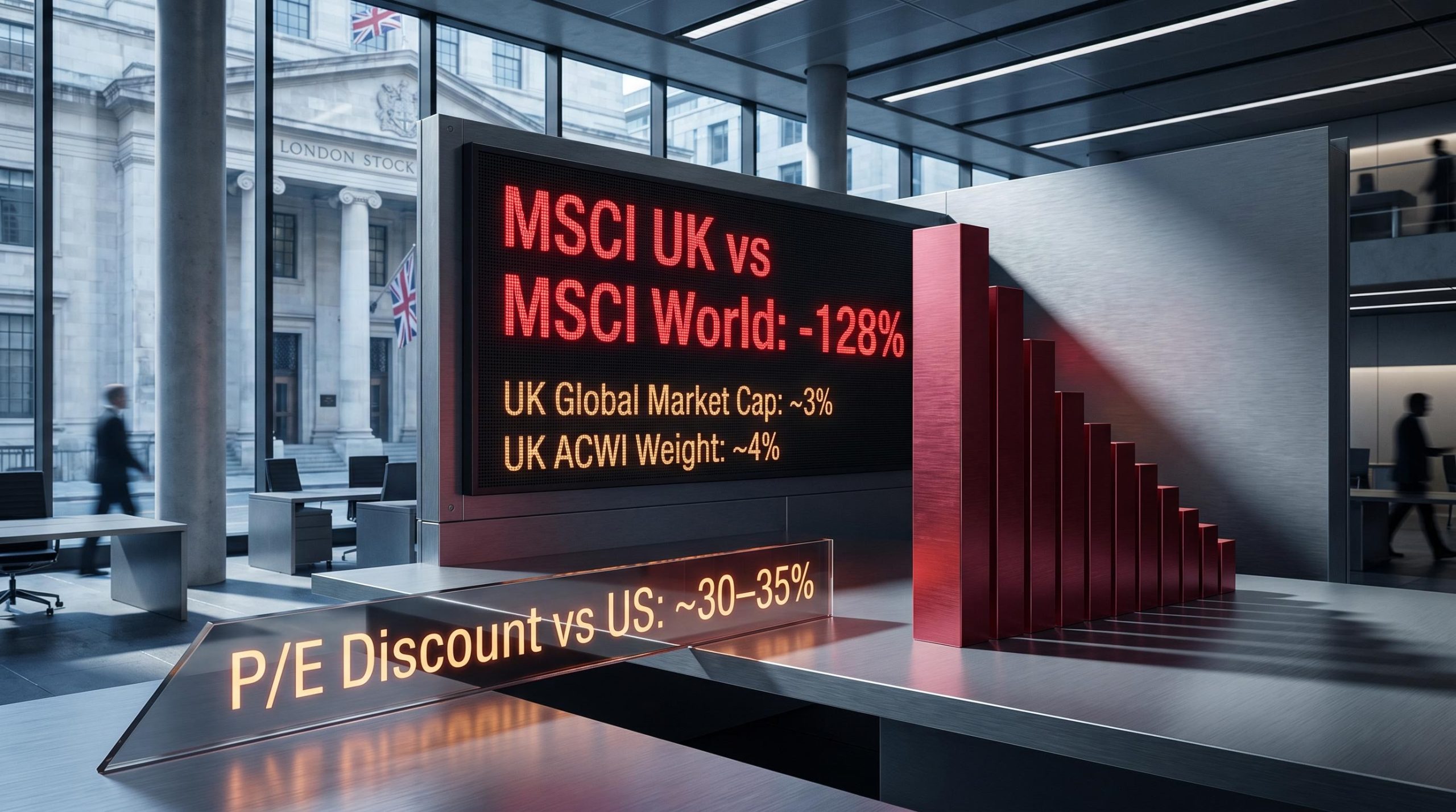 London Stock Exchange exterior with UK stocks underperformance data: -128% vs MSCI World, 3% global market cap share
