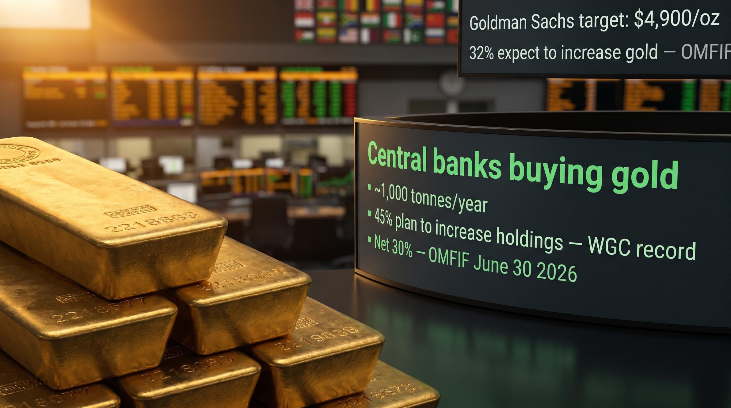 Gold bullion bars with OMFIF survey data showing central banks buying gold at 1,000 tonnes/year and Goldman $4,900 target