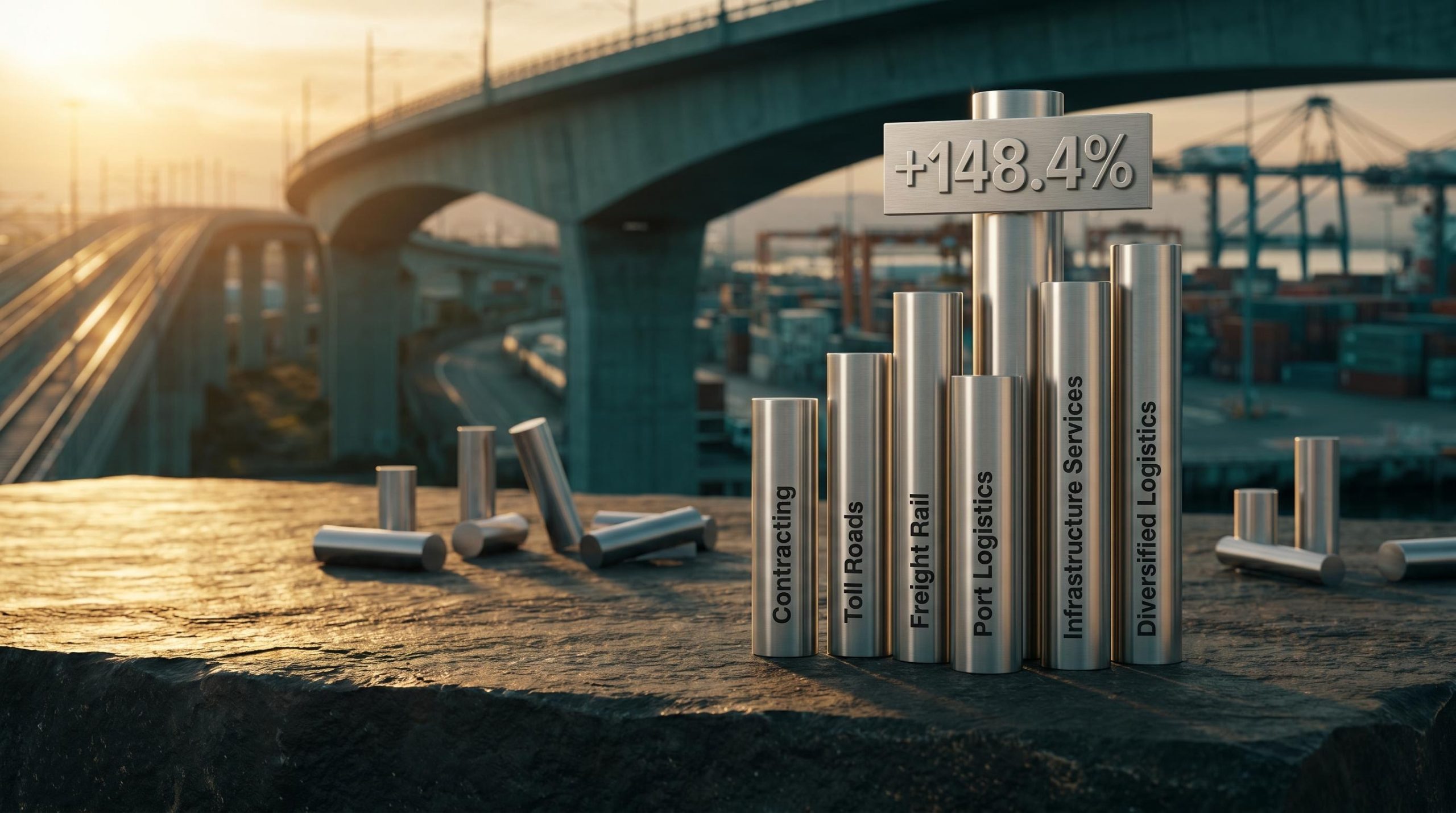 Six stainless-steel columns rise in unison inside a port terminal, symbolising ASX industrials sector 52-week highs