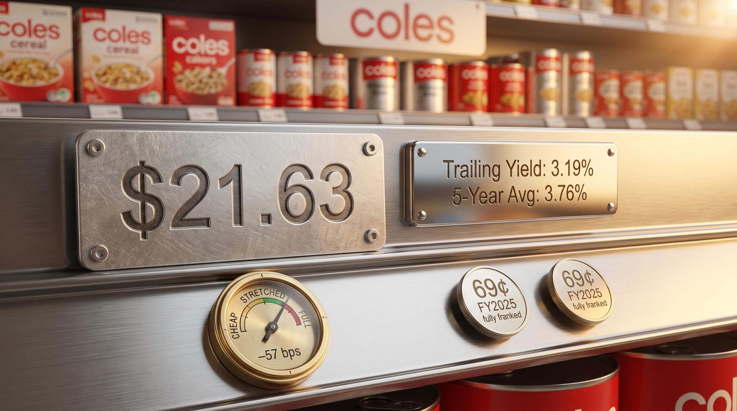 Coles share price tag showing $21.63 alongside 3.19% trailing yield versus 5-year average 3.76% on retail shelf