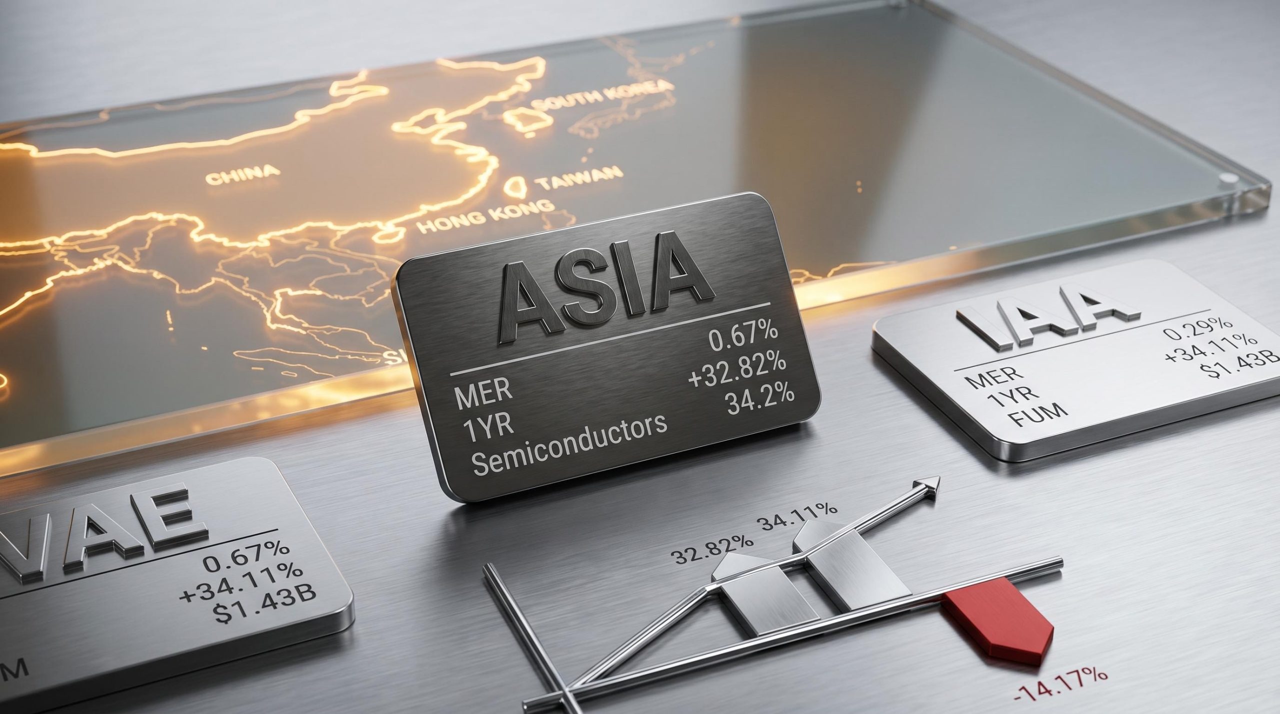 ASIA, IAA and VAE ETF plaques with key stats including 32.82% and 34.11% one-year returns for Asia ETF ASX investors