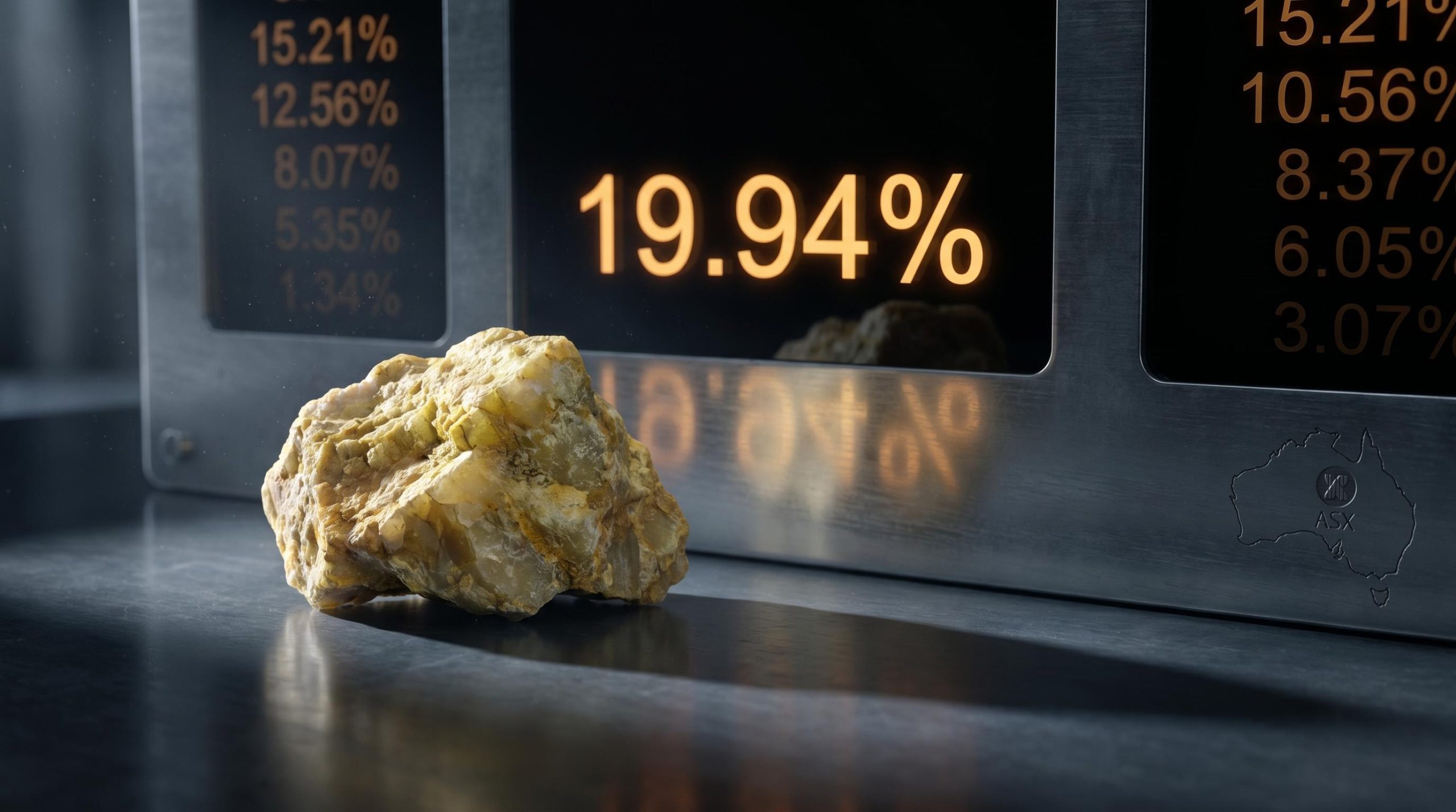 Uranium ore beside a panel showing 19.94% short interest, illustrating ASX short selling positioning for Lotus Resources