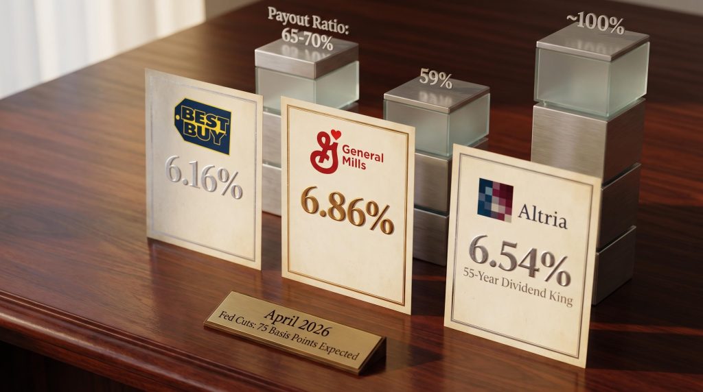 Three stock certificates displaying Best Buy 6.16%, General Mills 6.86%, Altria 6.54% yields with payout ratios