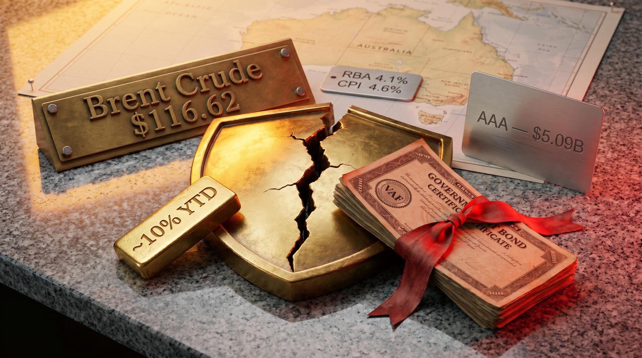 Cracked gold shield beside AAA $5.09B plaque and Brent Crude $116.62 tag — safe haven investments failing in 2026