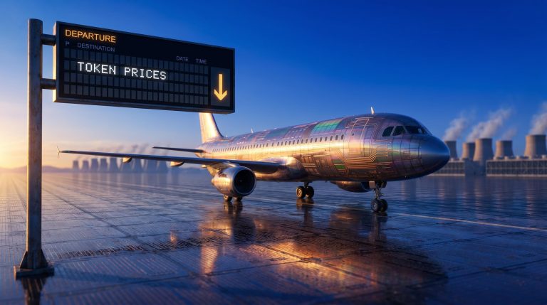 Silicon-circuit airliner on vast tarmac with token price decline indicator — BCA Research AI investment risk framework