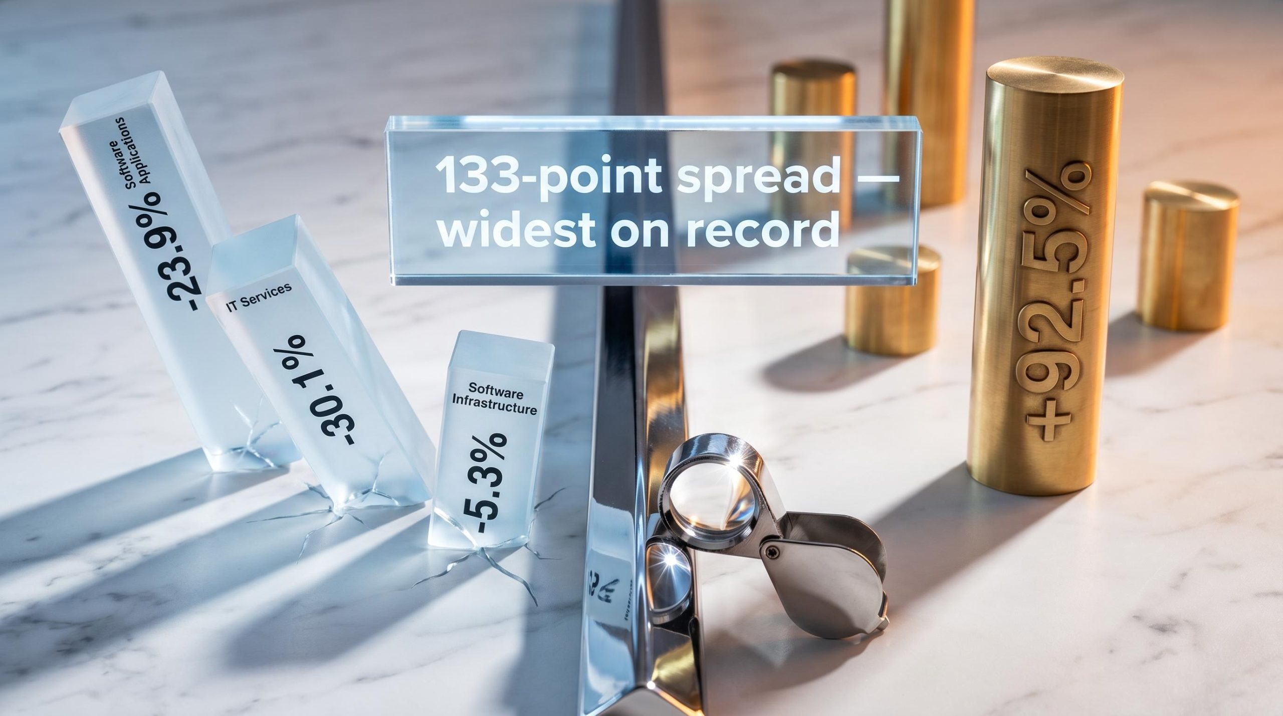 133-point record spread between software stocks selloff and hardware gains visualised as split marble composition
