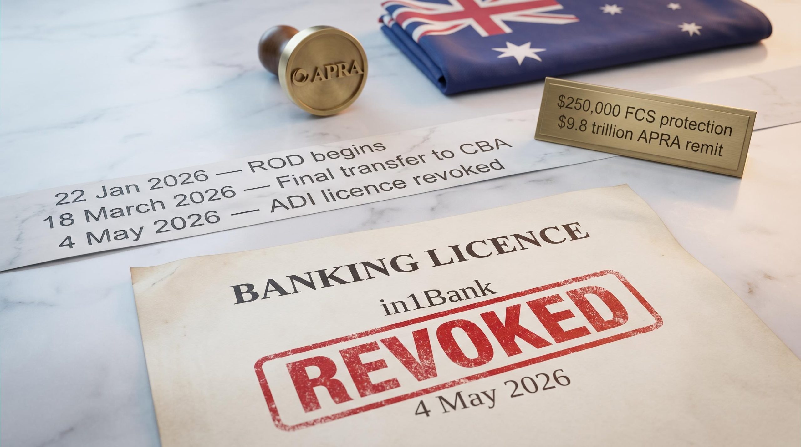 in1Bank ADI licence stamped REVOKED on 4 May 2026 with CBA transfer timeline and APRA oversight detail