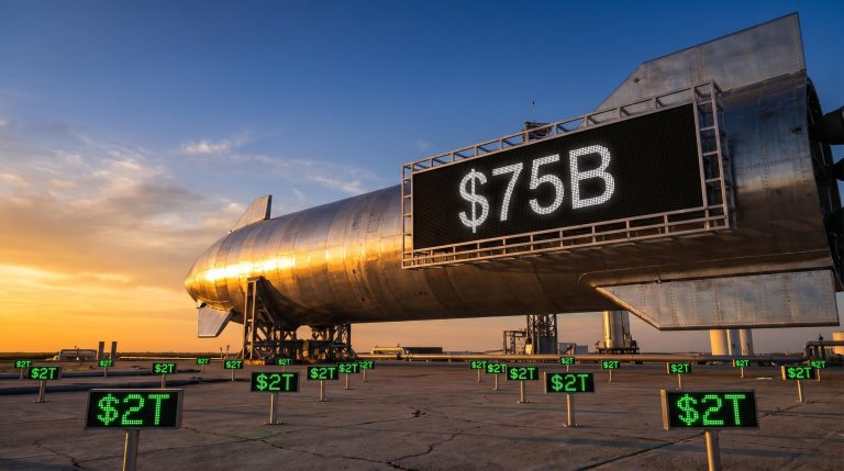 SpaceX rocket on launch pad with $75B IPO figure displayed, marking the record-breaking SpaceX IPO debut
