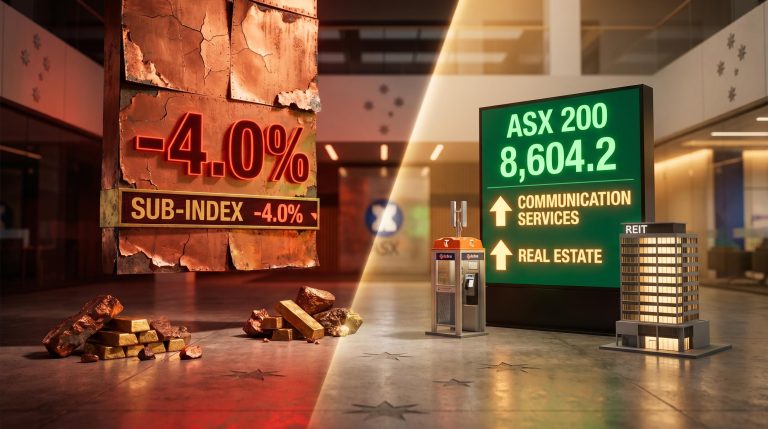 ASX 200 session split: gold index -4.0% display beside rising defensive sector boards on 9 June 2026