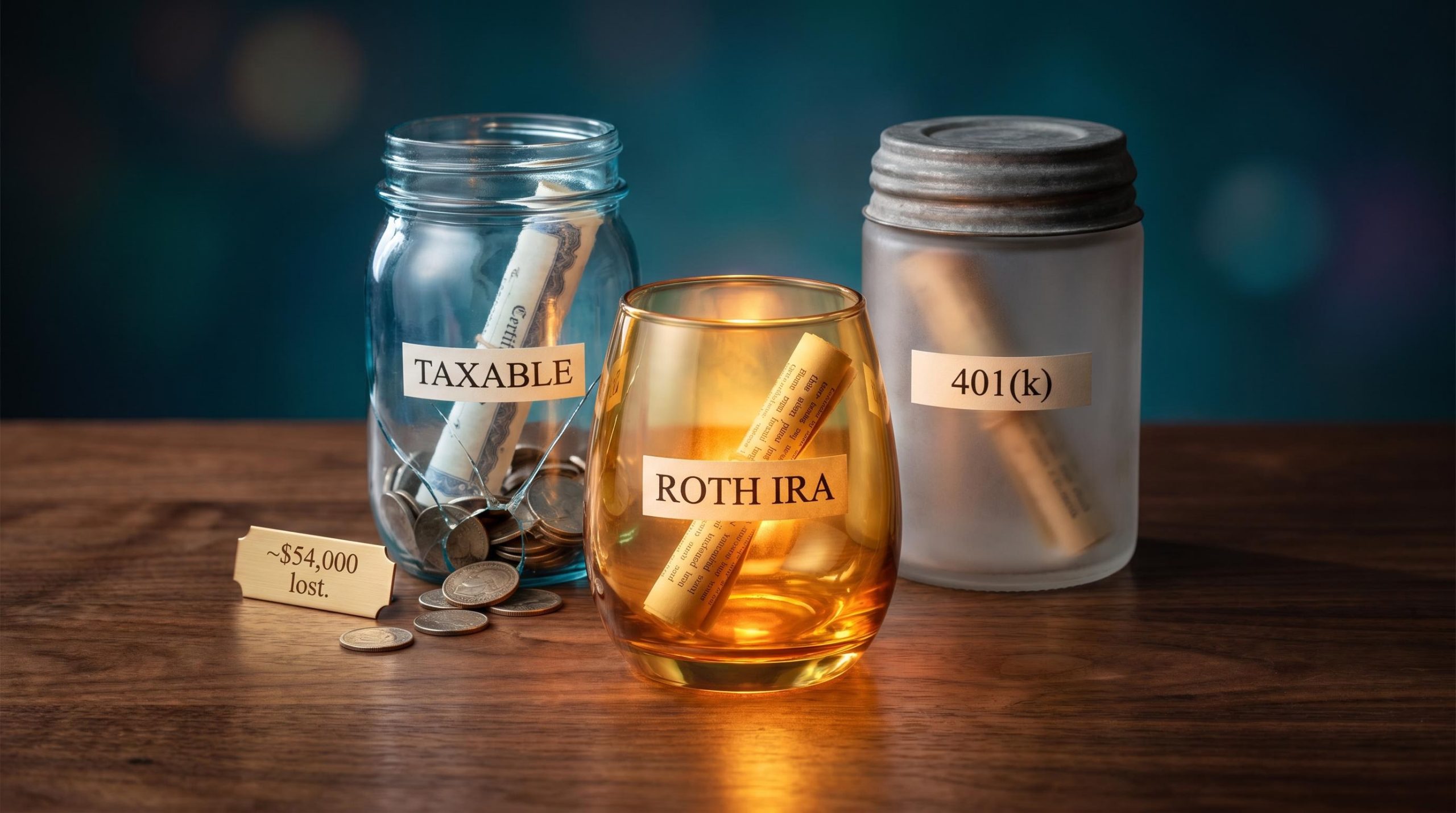 Three glass vessels labelled Taxable, 401k, and Roth IRA illustrate tax-efficient investing account structure