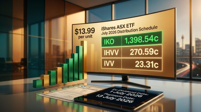 iShares ASX ETF July 2026 distribution schedule with IKO at 1,398.54c and payment date 13 July displayed