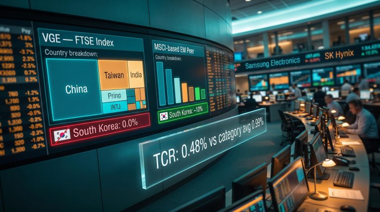 Emerging market ETF data wall showing VGE FTSE index with South Korea 0% versus MSCI peer at ~10% allocation