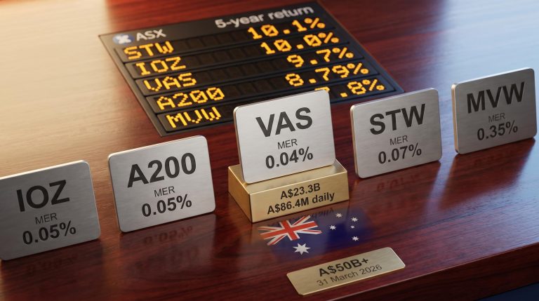 Five ASX ETF plaques VAS A200 IOZ STW MVW showing MER fees and 5-year returns for best Australian share ETFs 2026